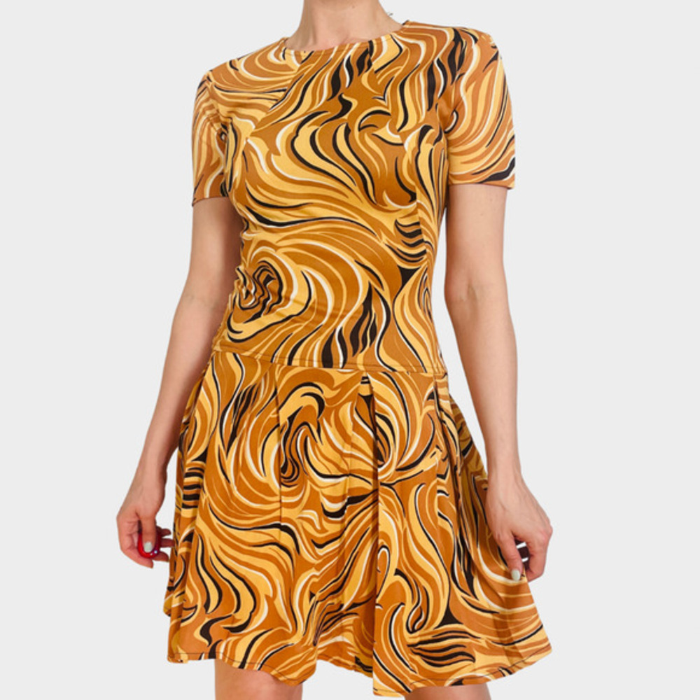 60s Holly Hill Golden Yellow and Black Swirl Pattern Dress
